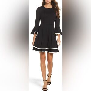 Eliza J Dress Womens 6 Black White Bell Sleeve Ruffled Mini Feminine Romantic
